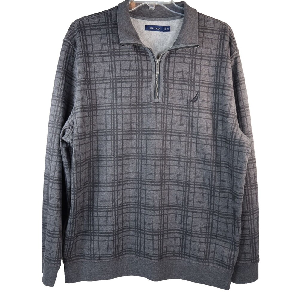 Nautica 1/4 Zip Pullover Sweatshirt Men's Size XXL Fleece Grey & Black Plaid